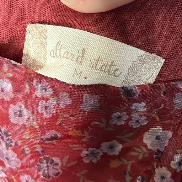 Altar'd State Women's Balloon Sheer Sleeves Floral Janey Dress Burgundy Medium - Picture 3 of 9